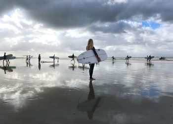 surfers, beach, afternoon